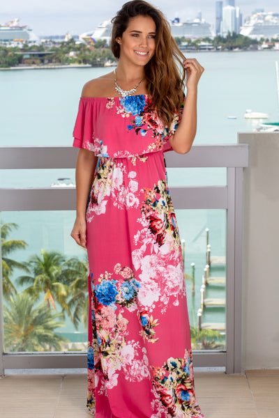 Pink Floral Off Shoulder Maxi Dress ...